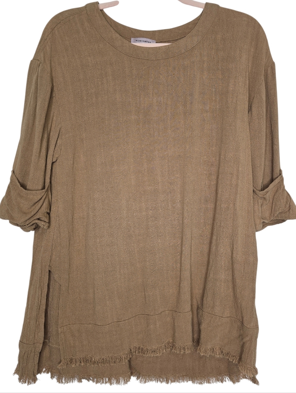 REMIXMESS short-sleeved brown linen-blend crewneck blouse